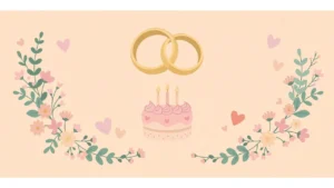 Anniversary wishes for mama mami — flat illustration of wedding rings, anniversary cake with candles, hearts and flowers