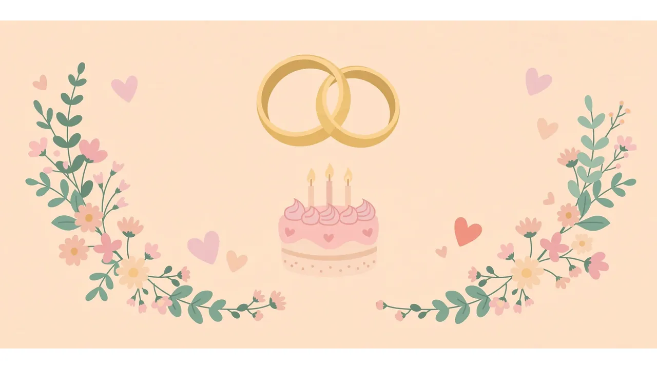 Anniversary wishes for mama mami — flat illustration of wedding rings, anniversary cake with candles, hearts and flowers