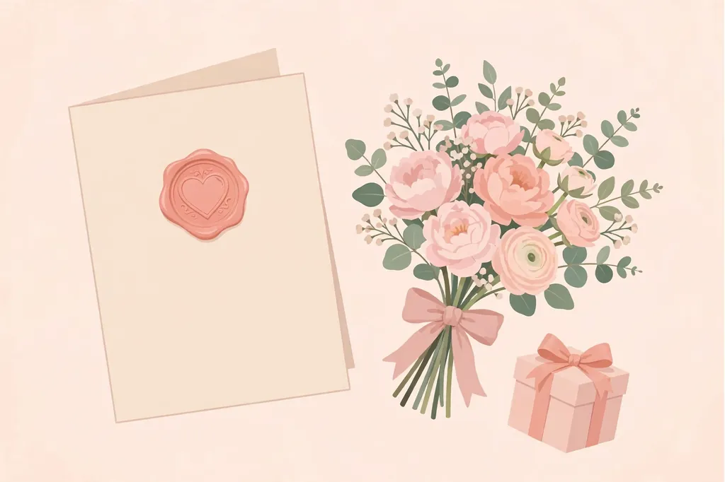Anniversary greeting card with heart seal, flower bouquet and gift box for mama mami