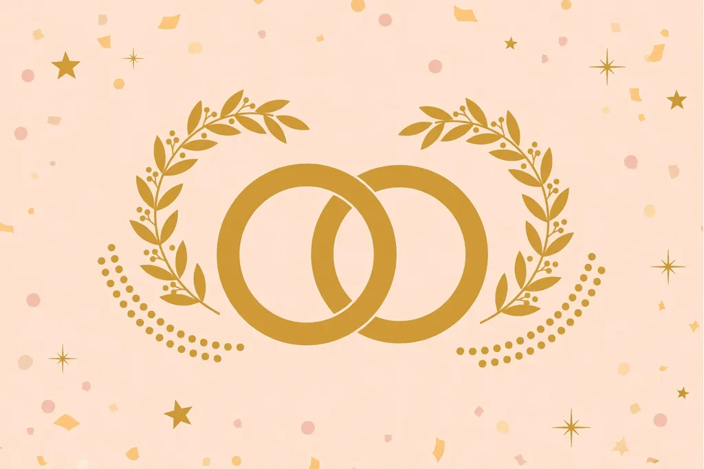 Silver and golden anniversary milestone illustration with laurel wreaths and interlocked rings