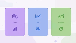Flat illustration of three BackToFrontShow pricing plan tiers with coins and chart icons in purple, blue and green