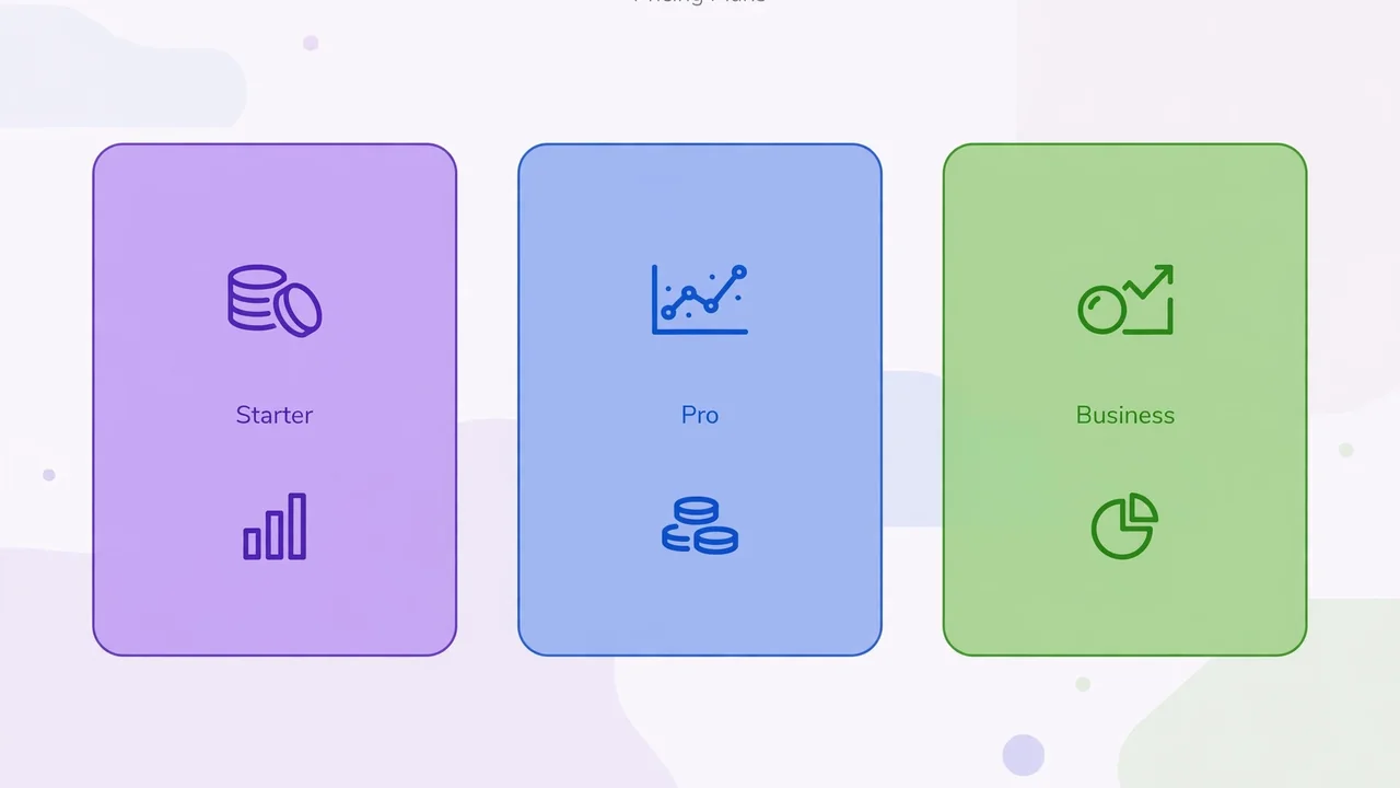 Flat illustration of three BackToFrontShow pricing plan tiers with coins and chart icons in purple, blue and green