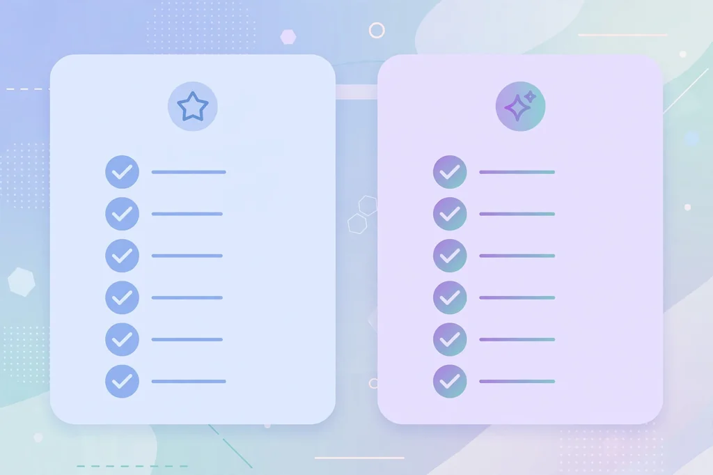 Side-by-side flat illustration comparing Basic and Pro subscription plan feature checklists for pricing comparison