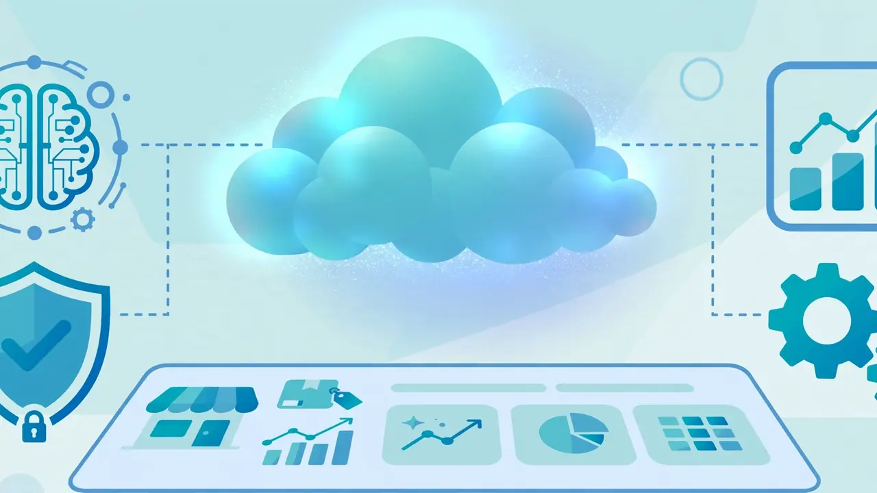 Beaconsoft tech guide 2026 flat illustration of AI brain, cloud computing, security shield and automation icons guiding a smart business dashboard