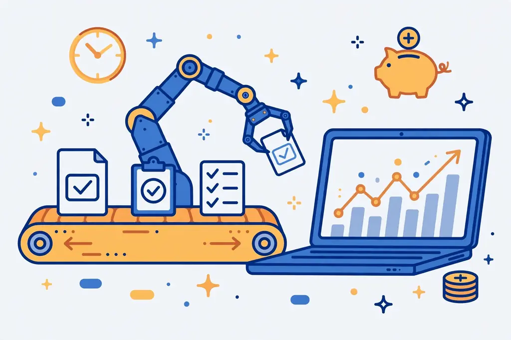 Beaconsoft business automation illustration showing tasks flowing into a laptop with a rising analytics chart and time savings icons