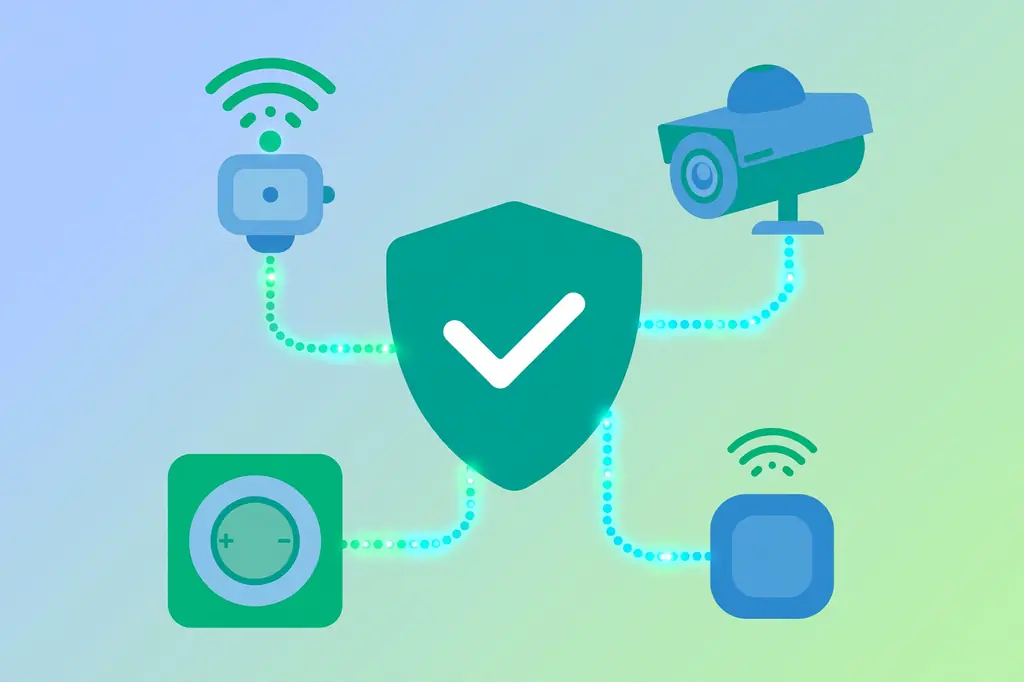 Beaconsoft IoT and cybersecurity flat illustration of connected smart devices linked to a central security shield with checkmark