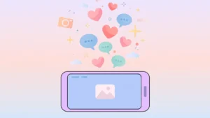 Flat illustration of a smartphone with floating heart and comment icons - featured image for best comments for girls pic article