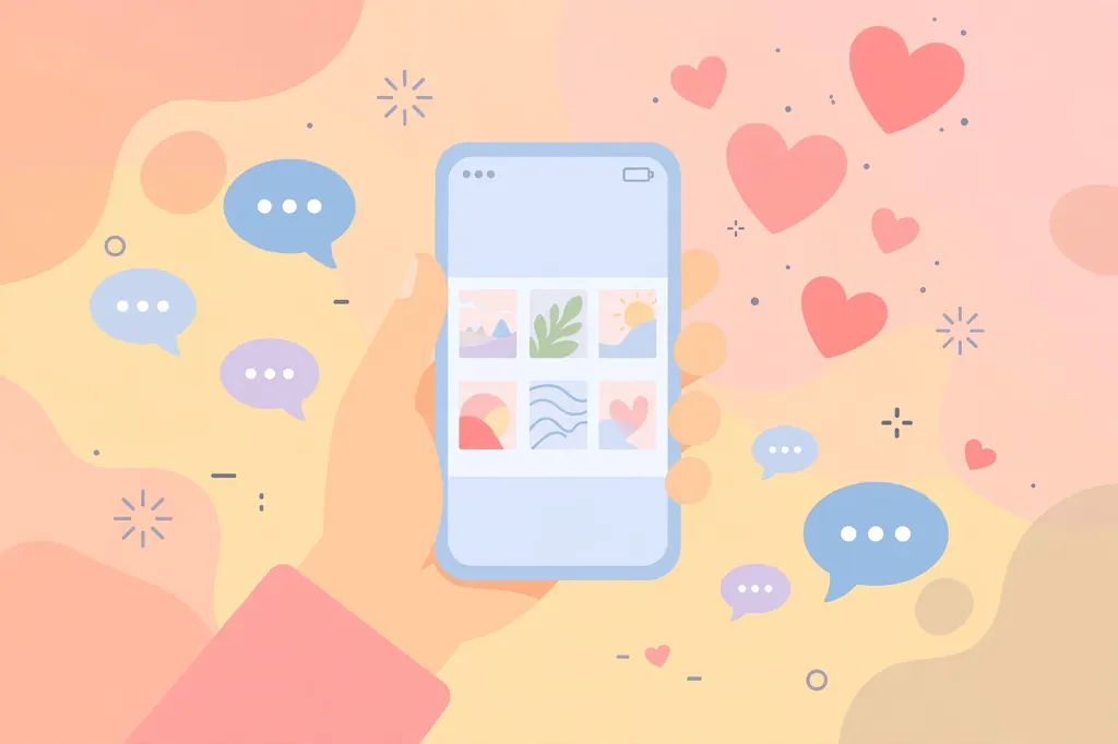 Hand holding a smartphone with photo gallery and floating heart icons - comments for girls pic on Instagram