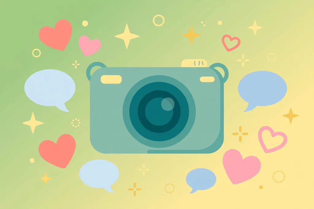 Stylish camera surrounded by hearts and speech bubbles - sweet and stylish comments for girls pic