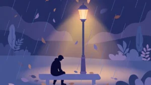 Emotional sad shayari featured image: lone person in rain under a street lamp, melancholic poetry illustration