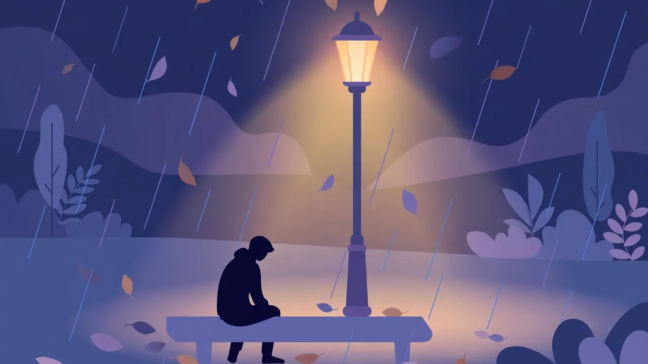 Emotional sad shayari featured image: lone person in rain under a street lamp, melancholic poetry illustration