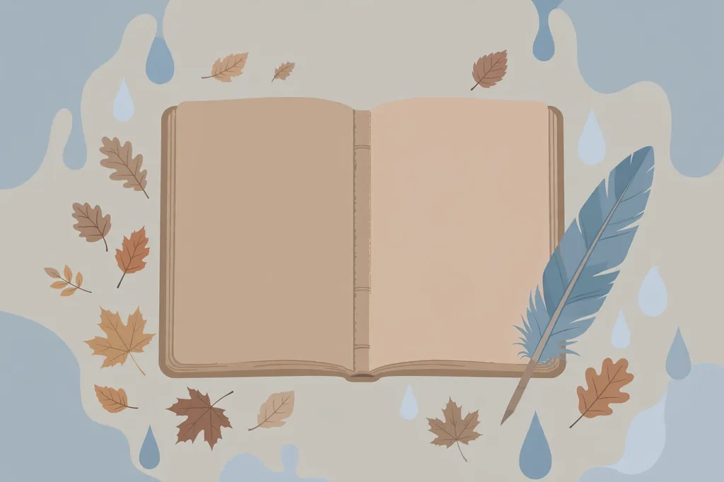 Sad shayari on yaadein: open diary with feather quill and fallen leaves, emotional poetry illustration