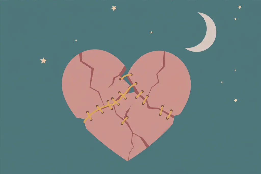 Bewafai sad shayari: cracked heart mended with golden thread under a crescent moon, emotional poetry illustration