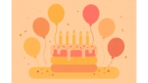 Flat illustration of a birthday cake with lit candles and colorful balloons for birthday wishes for jiju article
