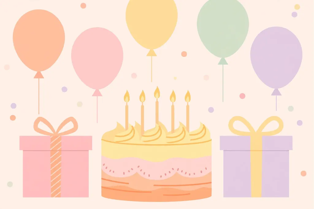 Flat illustration of a birthday cake with candles and gift boxes, birthday wishes for jiju