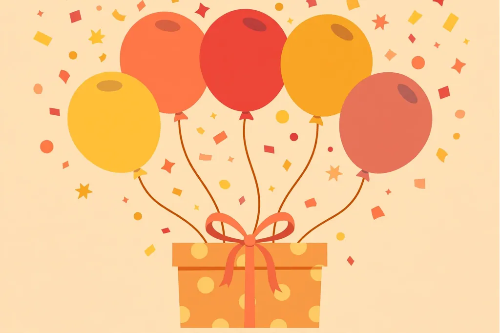 Flat illustration of colorful balloons and confetti over a gift box, birthday wishes for jiju