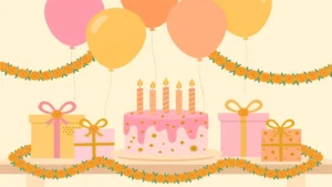 Birthday wishes for Khala Jaan in Urdu — decorated birthday cake with gifts, balloons, and marigold garlands