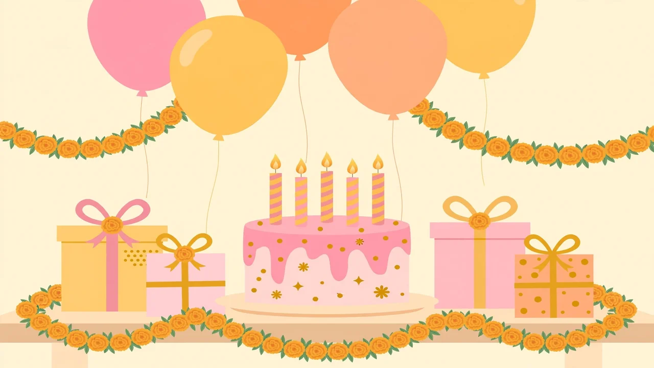 Birthday wishes for Khala Jaan in Urdu — decorated birthday cake with gifts, balloons, and marigold garlands