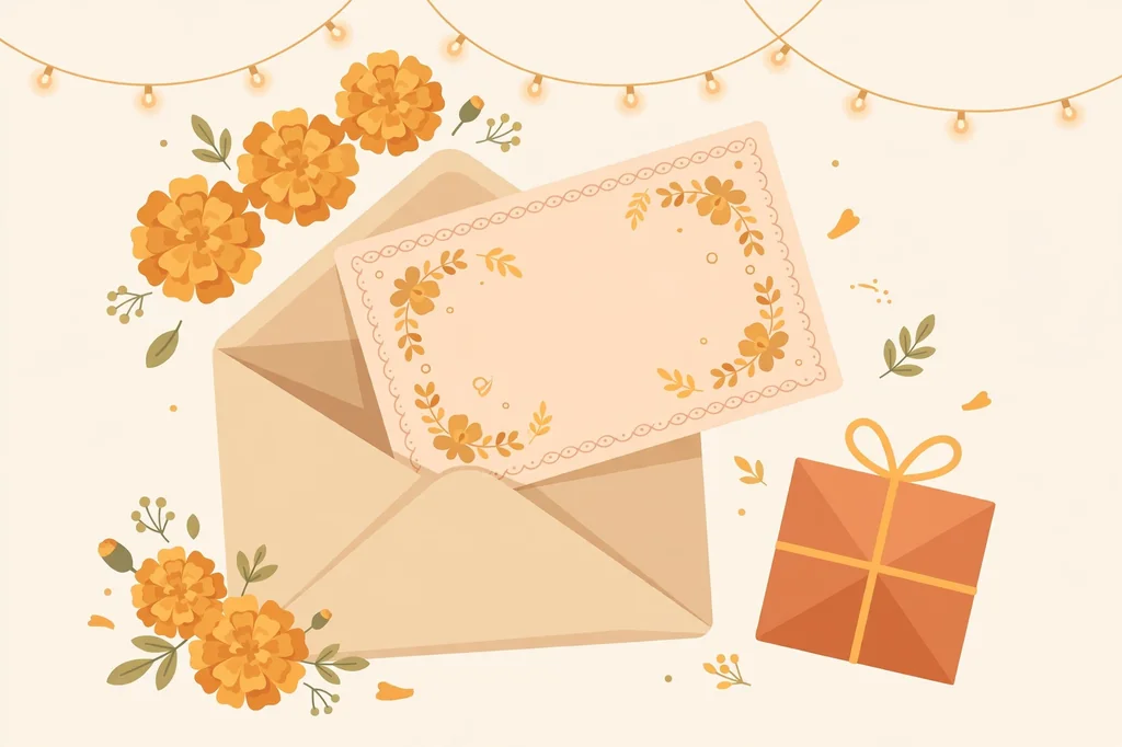 Birthday greeting card for Khala Jaan in Urdu — envelope with decorative card, marigold flowers, and gift box
