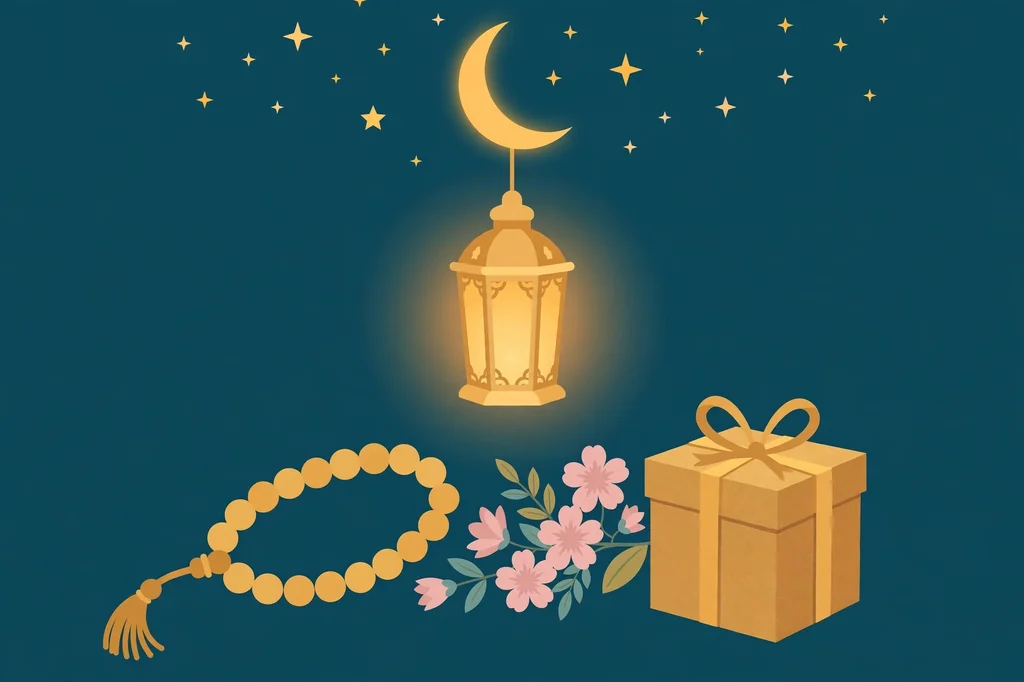Birthday dua blessings for Khala Jaan in Urdu — glowing lantern, crescent moon, prayer beads, and gift