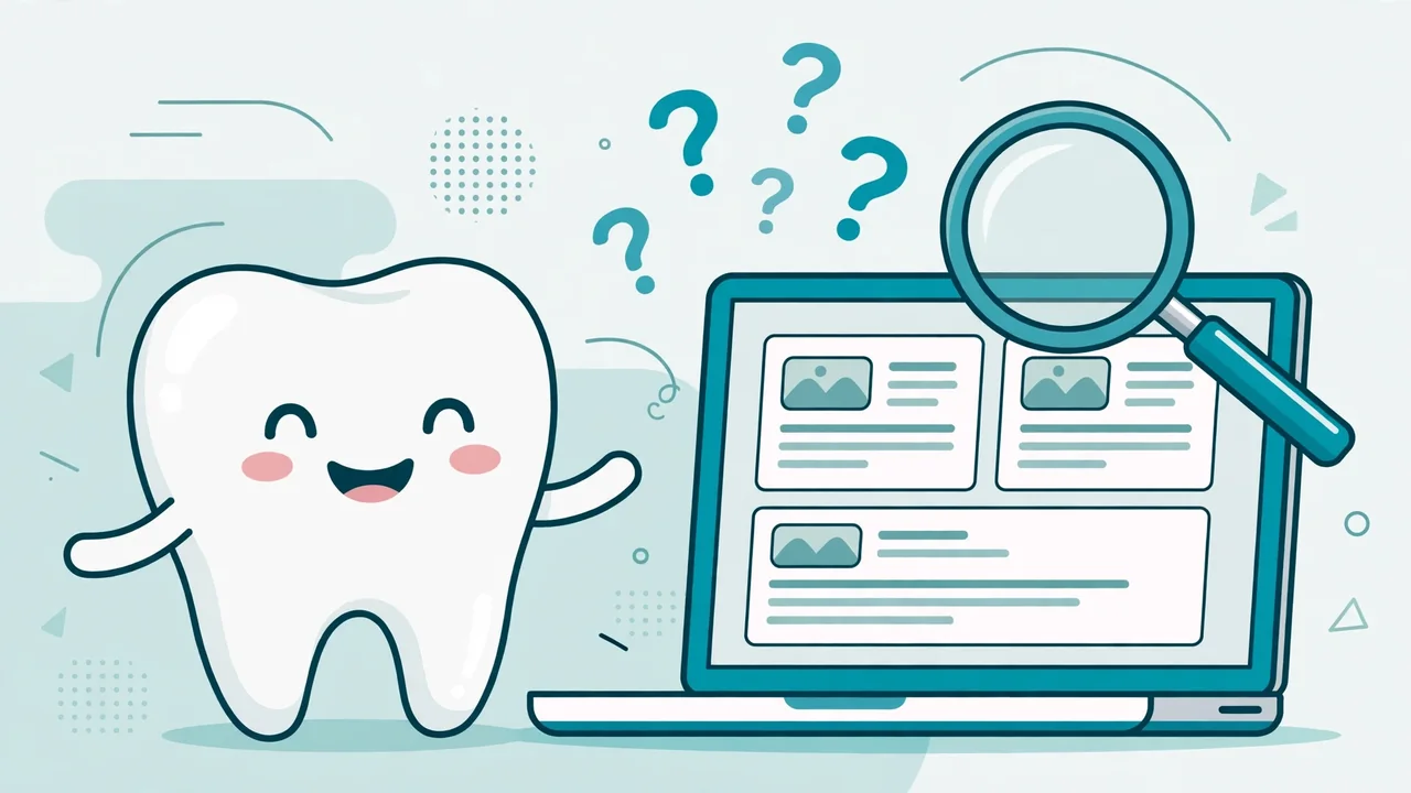 BrassSmile.com review illustration with a tooth, laptop blog and magnifying glass