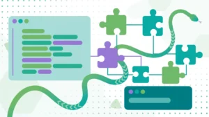 Bvostfus Python guide flat illustration of a code editor, modular blocks, and terminal on a green and teal background
