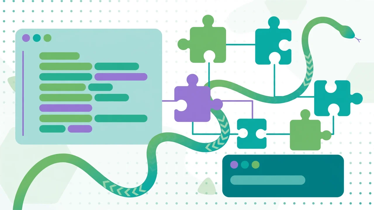 Bvostfus Python guide flat illustration of a code editor, modular blocks, and terminal on a green and teal background