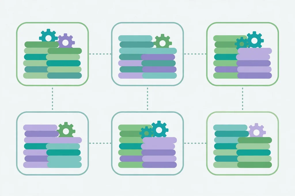 Flat illustration of isolated virtual environments with organized Python code blocks and gears