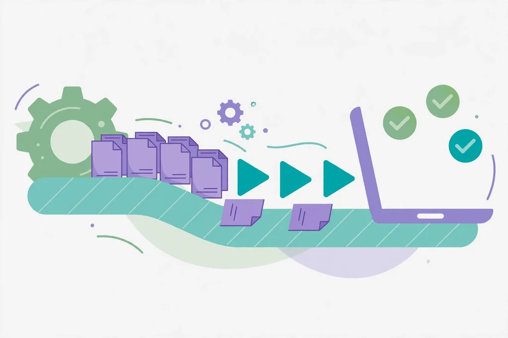 Flat illustration of a Python automation workflow pipeline with gears and a laptop