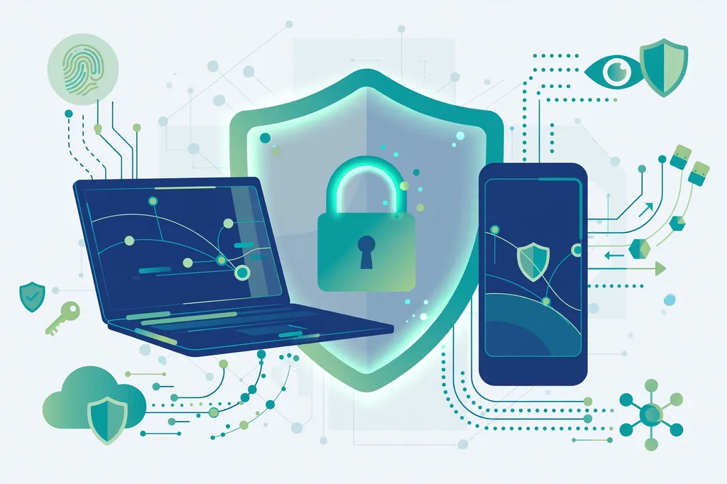 PIPL China privacy law illustration of a smartphone and laptop protected by a digital shield and padlock