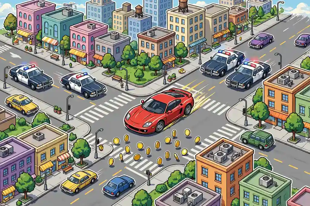 Getaway car speeding through city streets while police cars chase behind in the Escape Road game