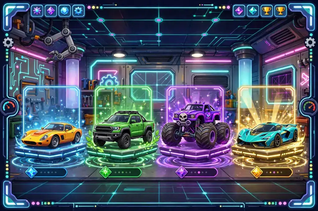 Garage of unlockable cars in Escape Road including sports cars, trucks and special vehicles