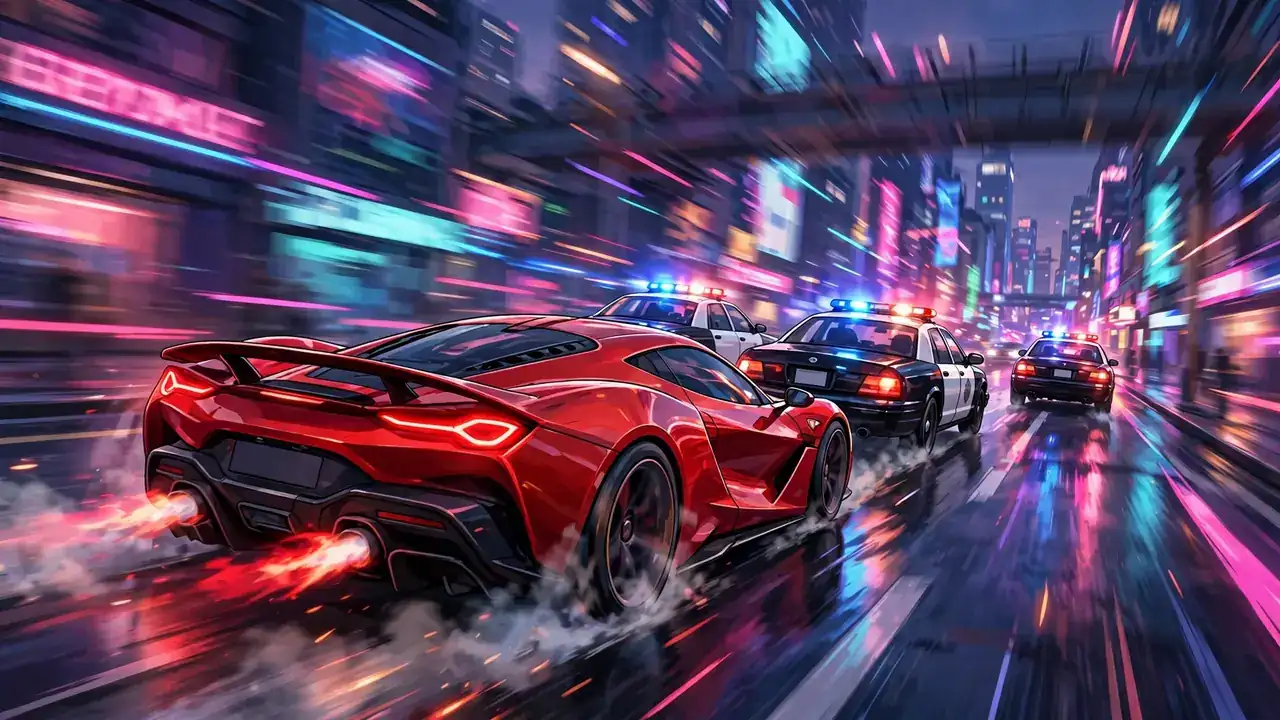 Red getaway sports car racing through a neon city street at night while police cars chase behind with flashing lights