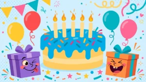 Funny birthday wishes for brother — flat illustration of a cartoon birthday cake with balloons, gifts and confetti