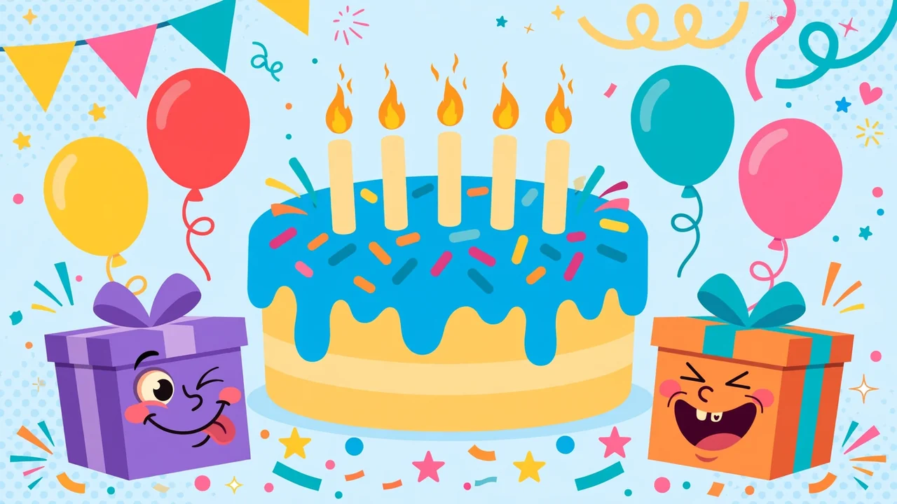 Funny birthday wishes for brother — flat illustration of a cartoon birthday cake with balloons, gifts and confetti