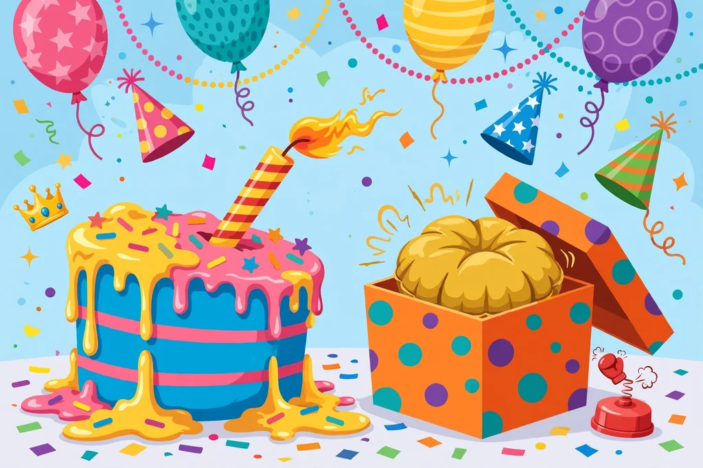 Funny sibling rivalry birthday illustration with a comical melting birthday cake, party hats and confetti