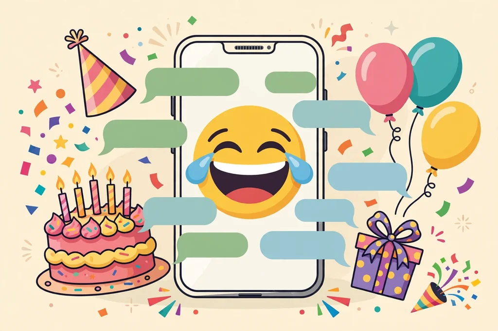 WhatsApp-ready funny birthday wishes for brother — smartphone with laughing emoji, chat bubbles and birthday confetti illustration