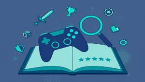 Flat illustration of a gaming laptop with glowing blue and purple accents on a dark background