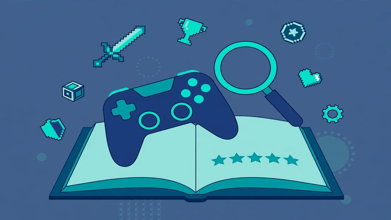 Flat illustration of a gaming laptop with glowing blue and purple accents on a dark background