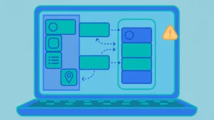 Flat illustration of a laptop screen with drag-and-drop blocks building a phone app, with a caution warning badge — gdtj45 builder software guide