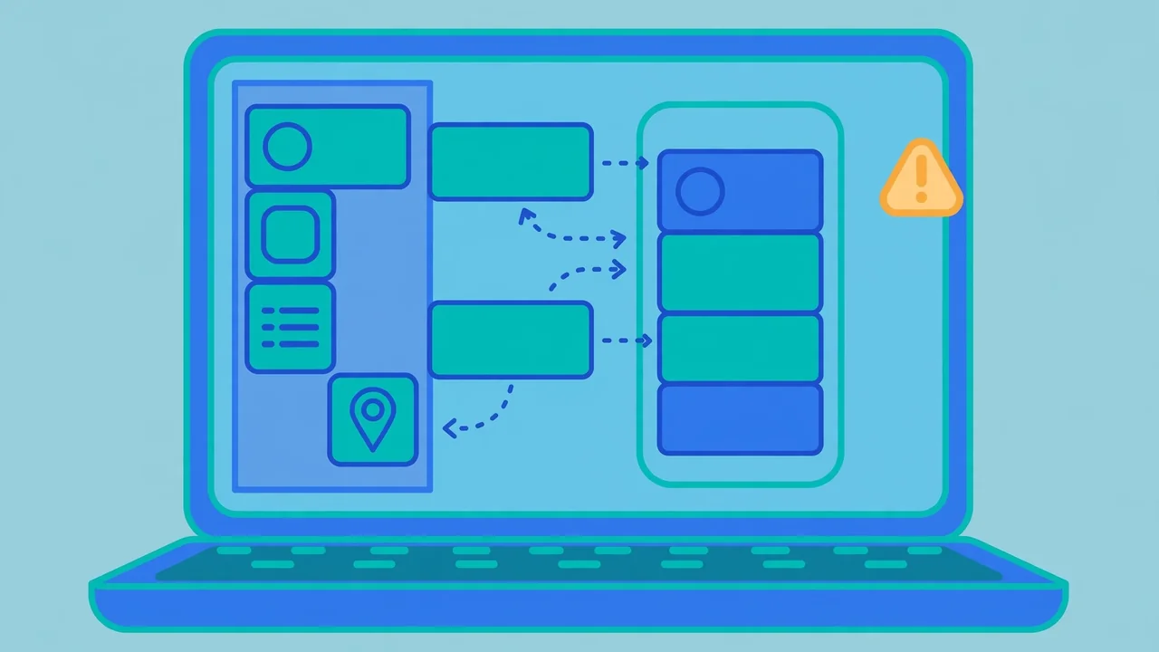 Flat illustration of a laptop screen with drag-and-drop blocks building a phone app, with a caution warning badge — gdtj45 builder software guide