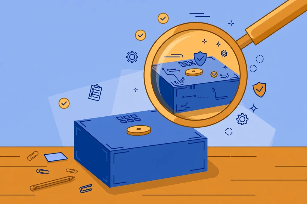Flat illustration of a magnifying glass inspecting a software box — how to verify gdtj45 builder software before downloading