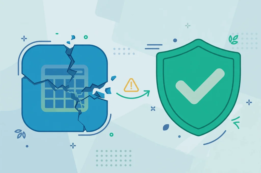 Flat illustration comparing a cracked app icon with a shield-checkmarked app icon — fake vs real builder software comparison