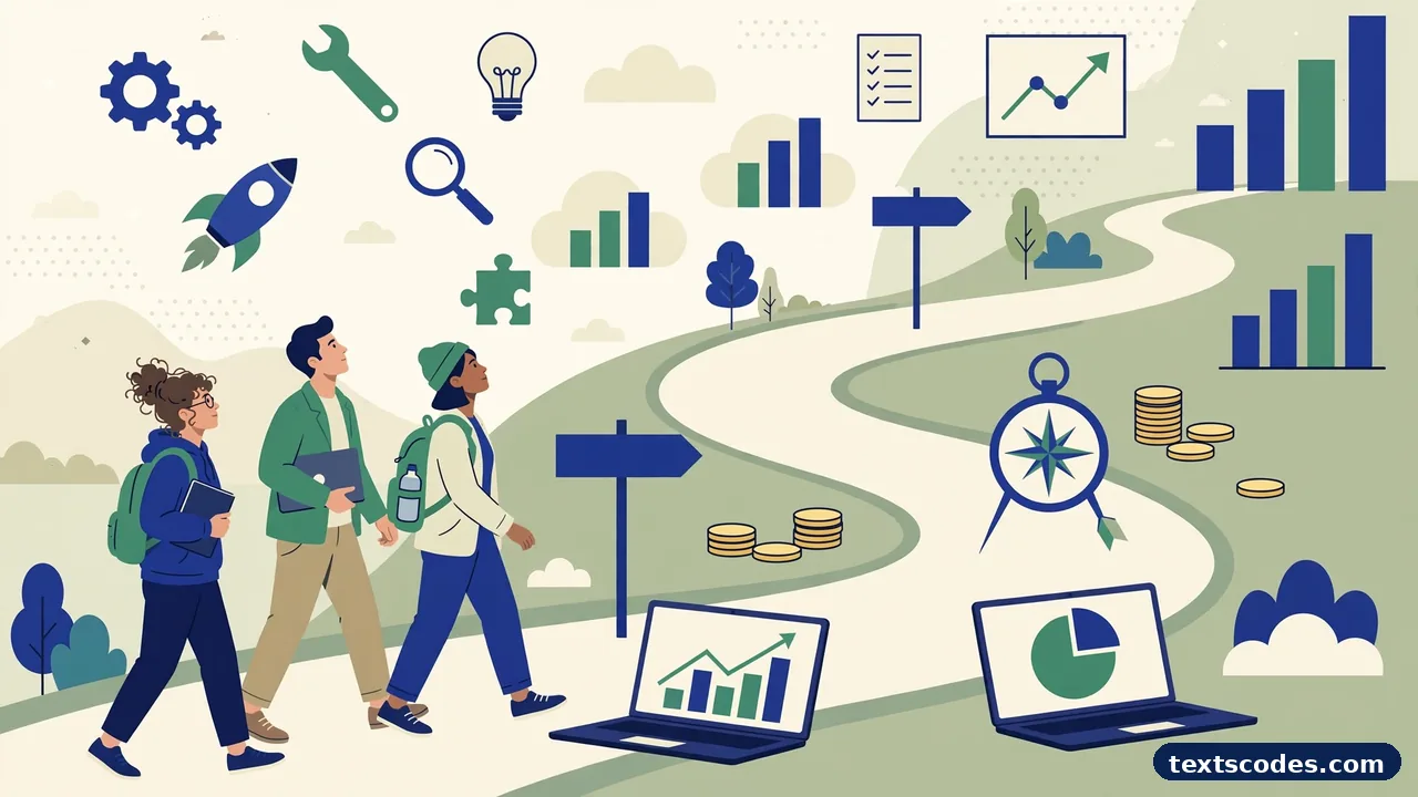 Growth navigate illustration of a startup team following a growth roadmap with charts, tools and funding milestones