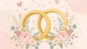 Happy anniversary wishes for uncle and aunty flat illustration of golden wedding rings with flowers and hearts