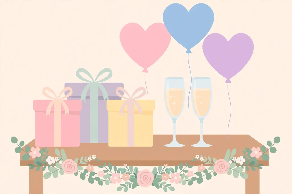 Heartfelt anniversary wishes for uncle and aunty with anniversary gifts, champagne glasses and heart balloons
