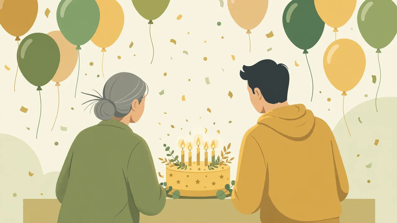 Flat illustration of a proud parent and adult son celebrating a birthday with cake, candles and balloons in warm green and gold tones