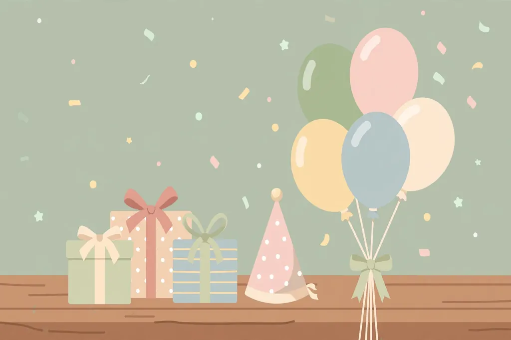 Flat illustration of wrapped birthday gift boxes, a party hat and balloons on a table with soft green background