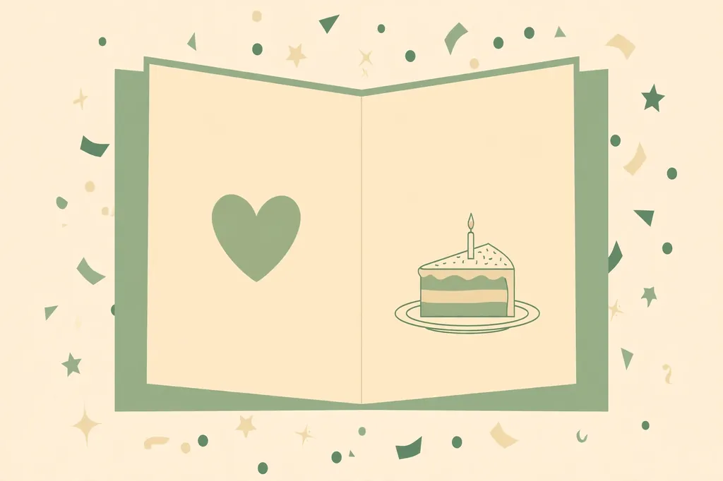 Flat illustration of an open birthday card with a heart and a slice of birthday cake surrounded by confetti