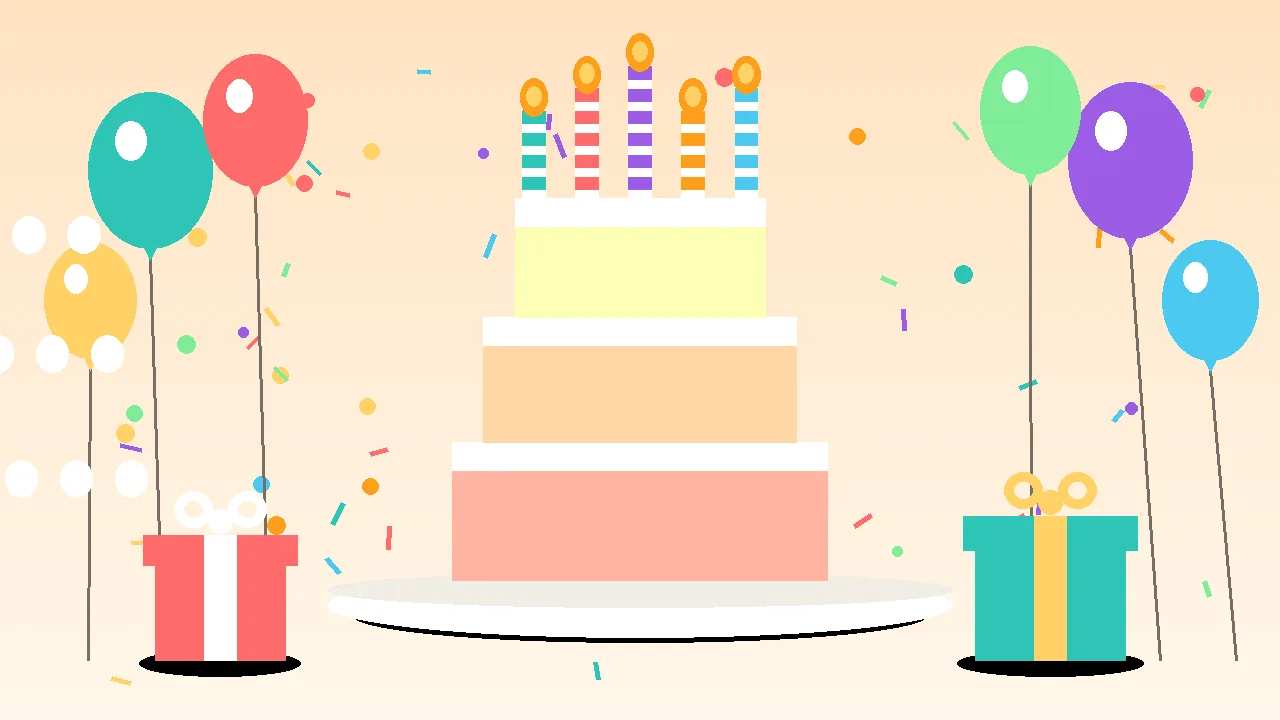 Birthday wishes for friend — flat illustration of a birthday cake with candles, balloons, gifts and confetti